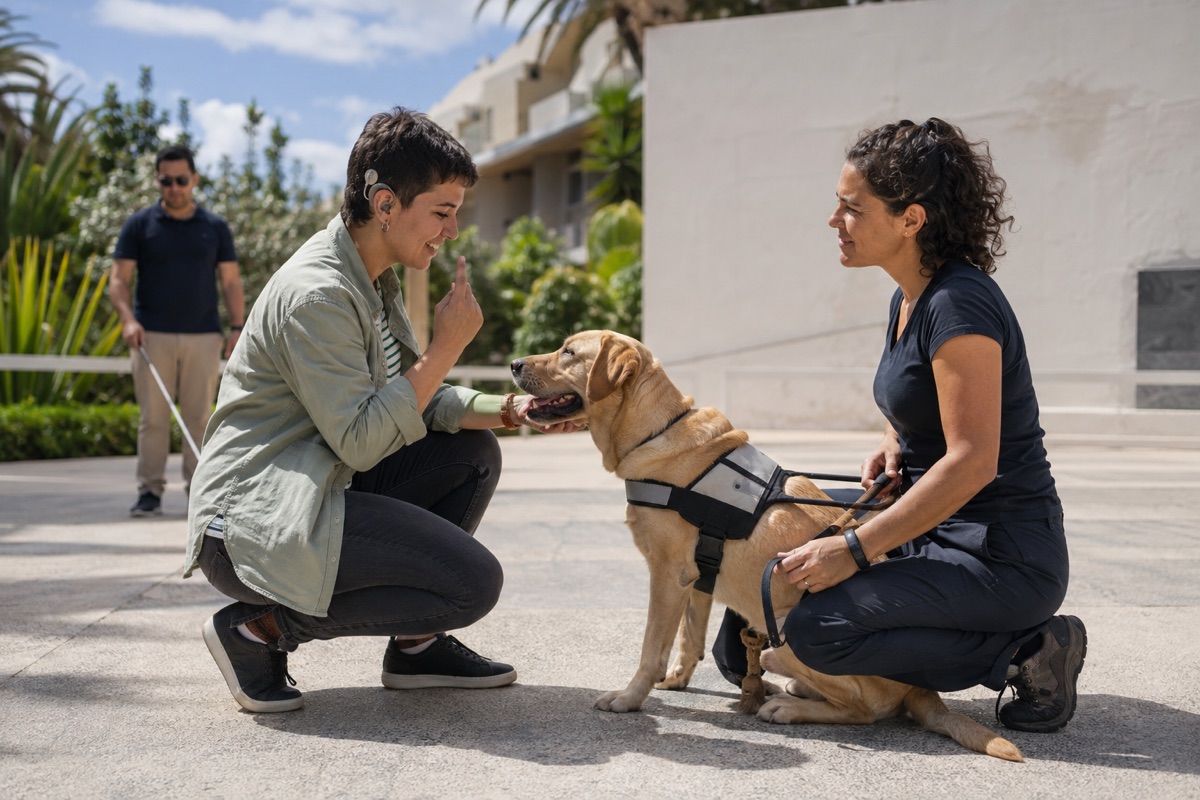 Descripción de imagen: imagen generada de una persona con implante coclear conociendo a un labrador con arnés de perro de asistencia, acompañada por una instructora canina en un entorno exterior de Canarias.