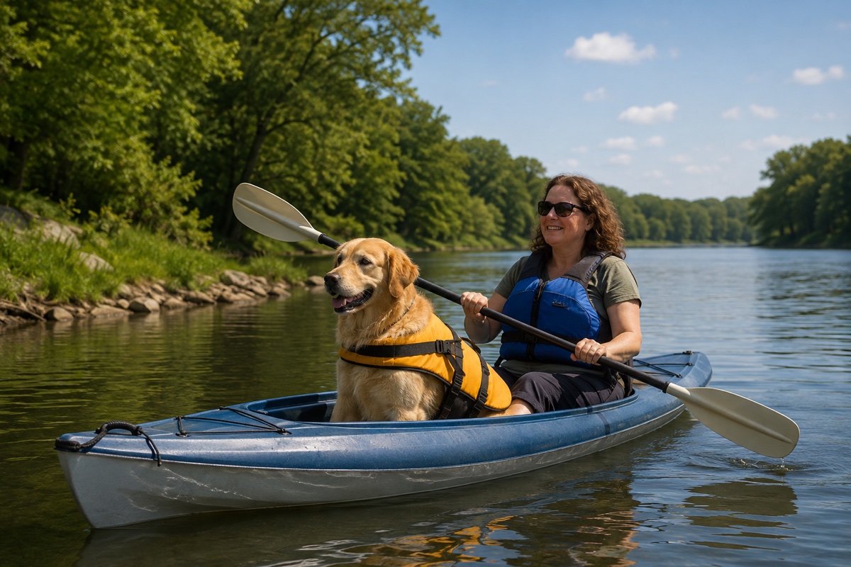 Descripción de imagen: imagen generada de una mujer navegando en kayak por un río tranquilo junto a un perro guía labrador, ambos con chaleco salvavidas.