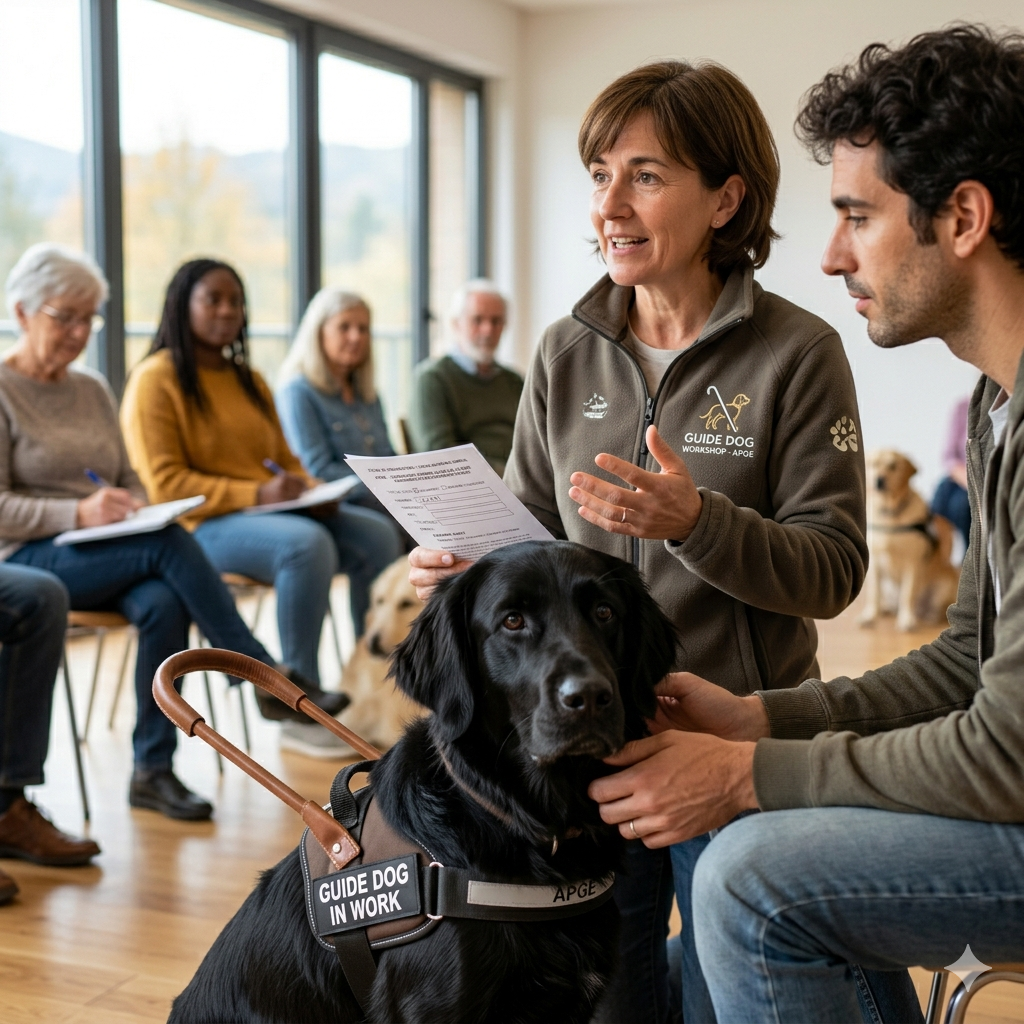 Descripción de imagen: Actividad de formación y sensibilización con personas asistentes y perro guía de APGE.