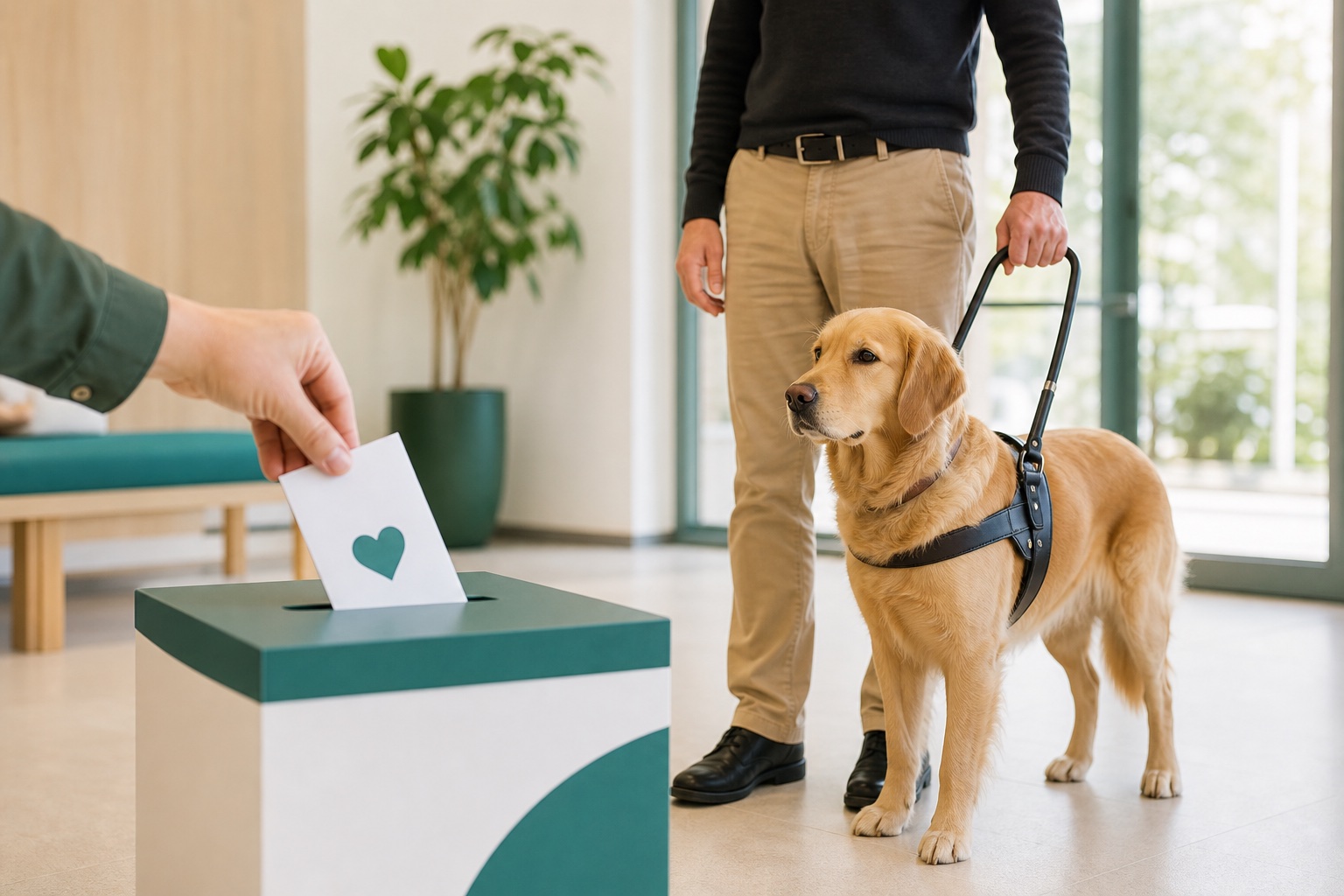 Descripción de imagen: una persona introduce un sobre con un corazón en una urna de donaciones, junto a una persona usuaria y su perro guía con arnés.