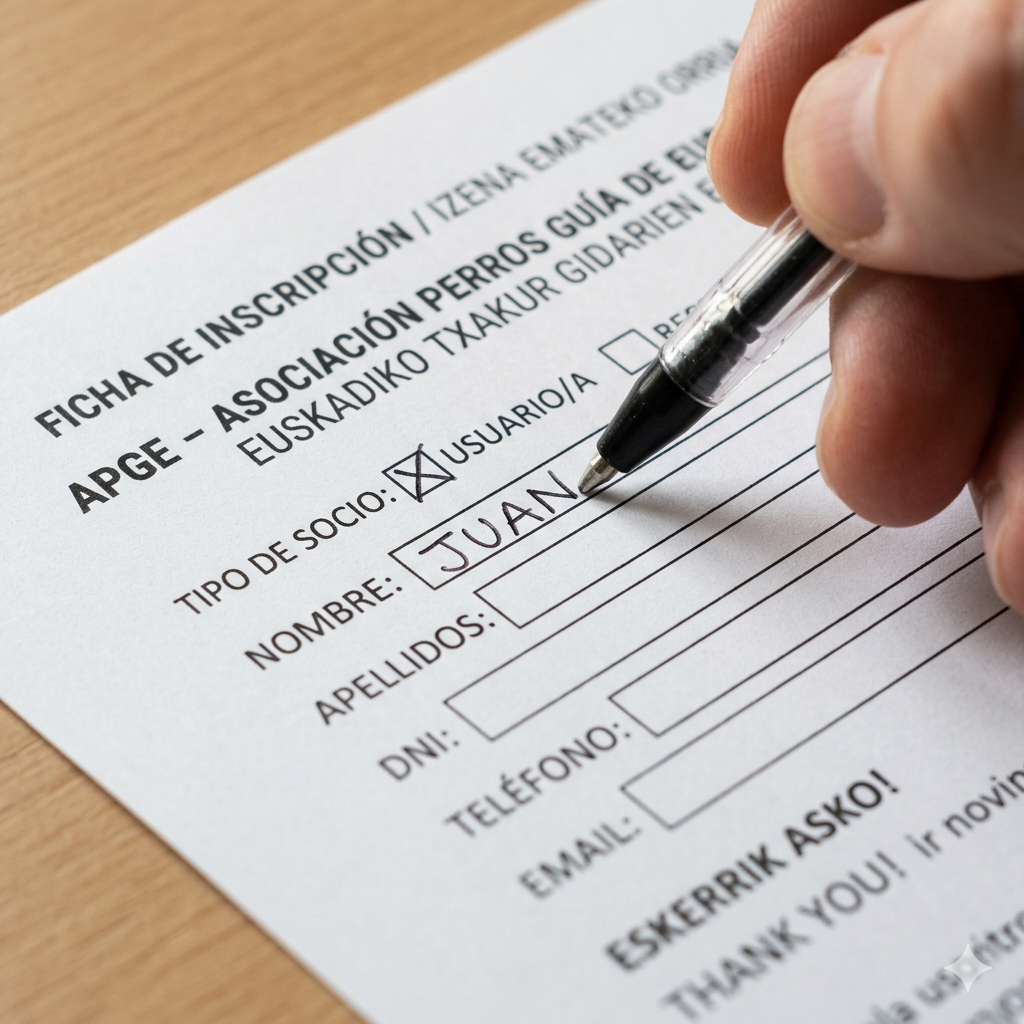 Descripción de imagen: Formulario de inscripción de APGE siendo rellenado a mano.