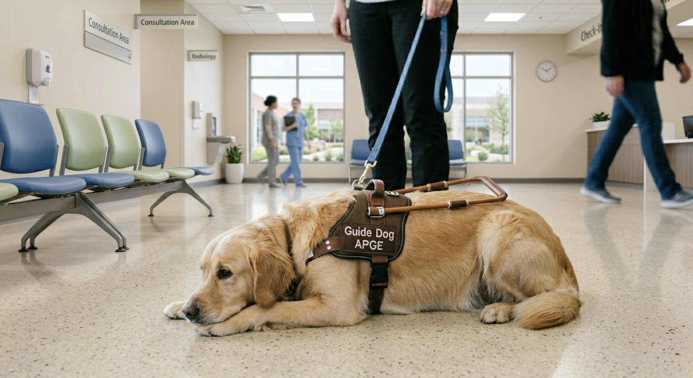 Descripción de imagen: Perro guía tumbado en una sala de espera con arnés de APGE, junto a una persona.