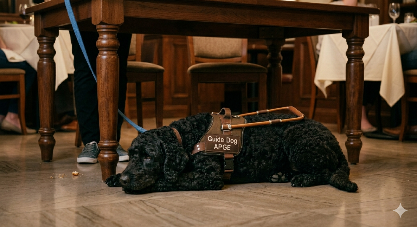 Descripción de imagen: Perro guía tumbado bajo una mesa en un restaurante con arnés de APGE.
