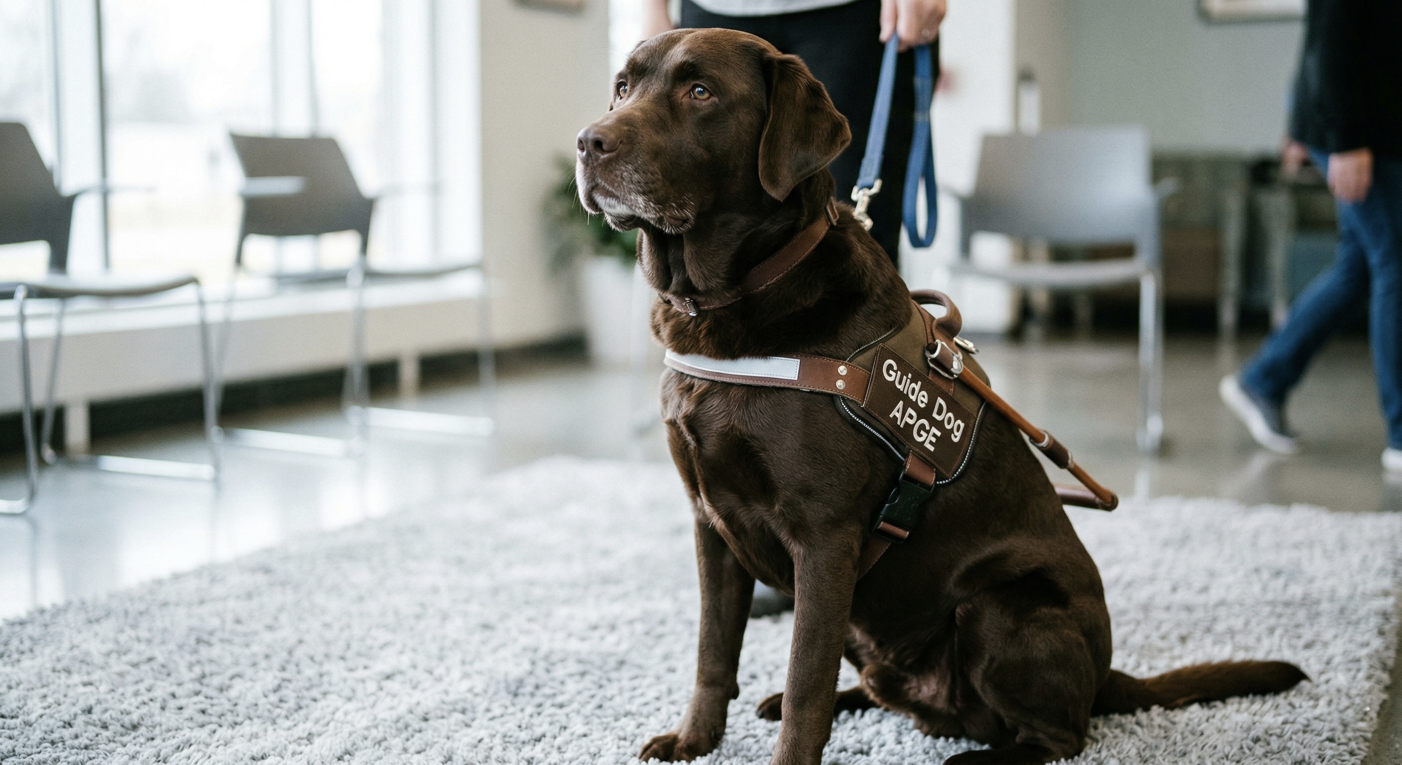 Descripción de imagen: Perro guía con arnés de APGE sentado en un espacio interior, acompañado por una persona.