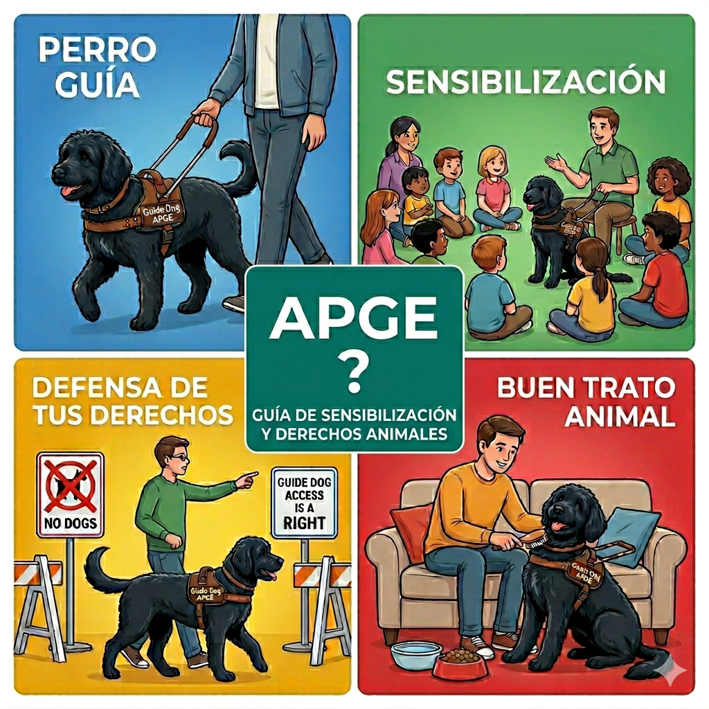 Descripción de imagen: Ilustración sobre APGE con perro guía, sensibilización, defensa de derechos y buen trato animal.