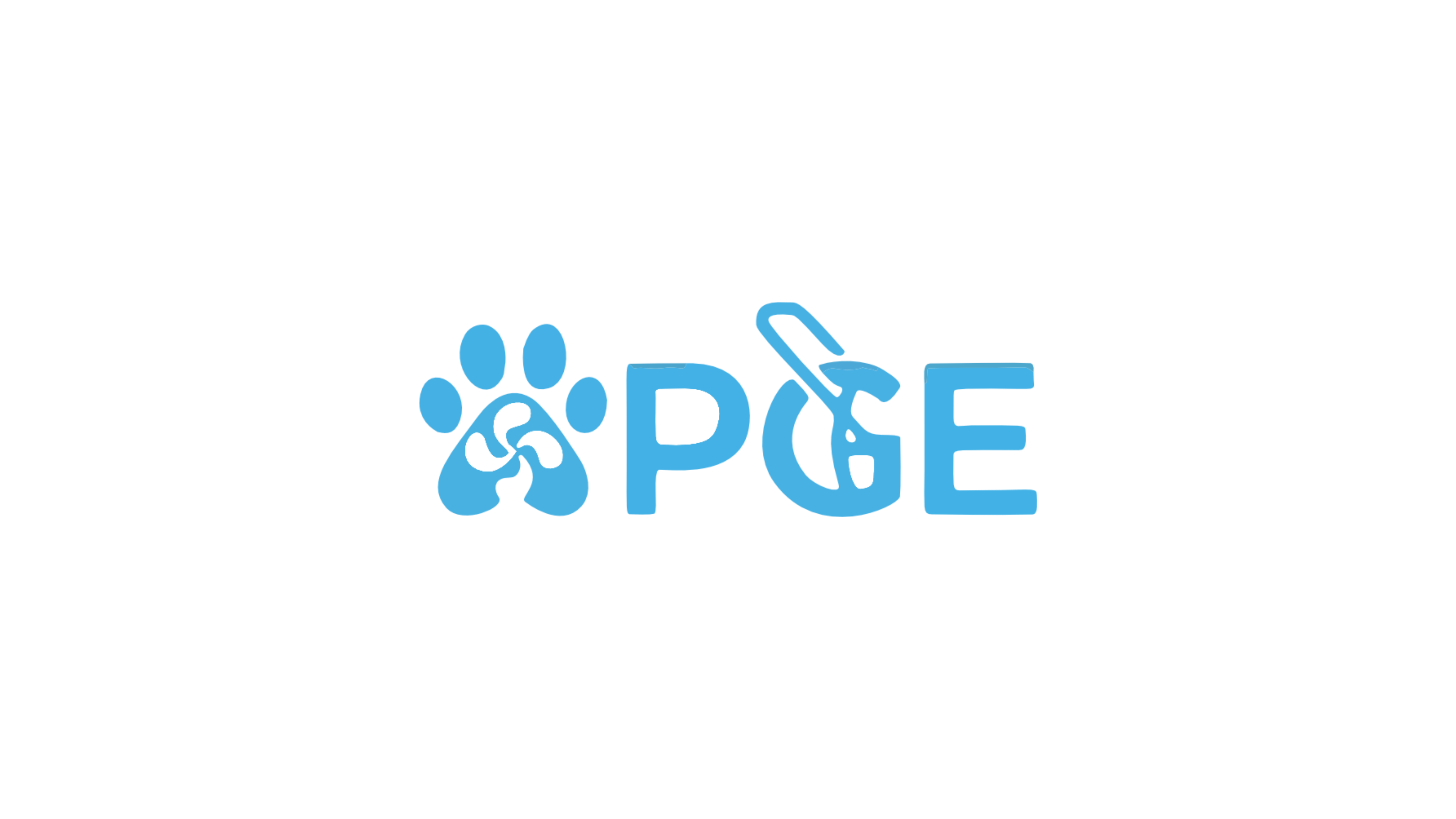 Descripción de imagen: Un logotipo azul centrado sobre fondo blanco que forma APGE. La A esta representada por una huella de perro; dentro de la almohadilla central aparece un lauburu, figura de brazos curvos. A la derecha aparecen las letras PGE en mayusculas. En la G hay un dibujo de un arnes de perro guia que sale hacia arriba e invade el interior de la letra.