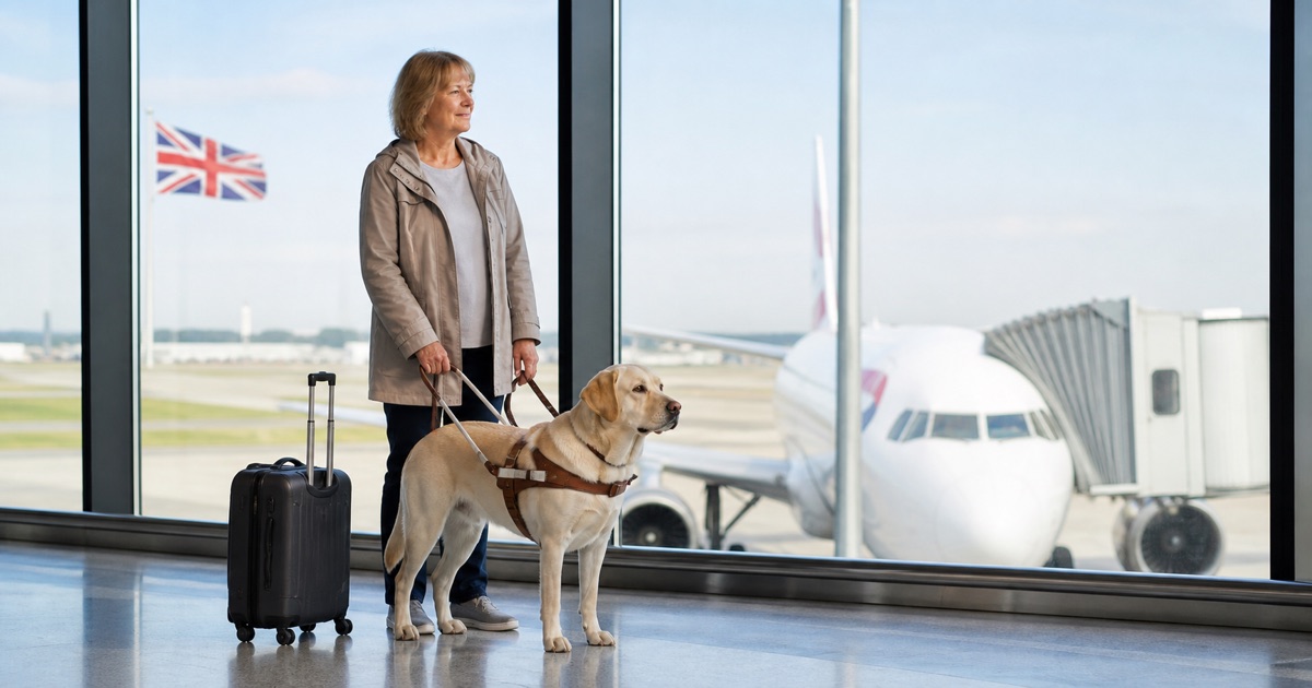 Descripción de imagen: una mujer espera en una terminal de aeropuerto junto a su perro guía con arnés y una maleta; al fondo se ven un avión y una bandera del Reino Unido.